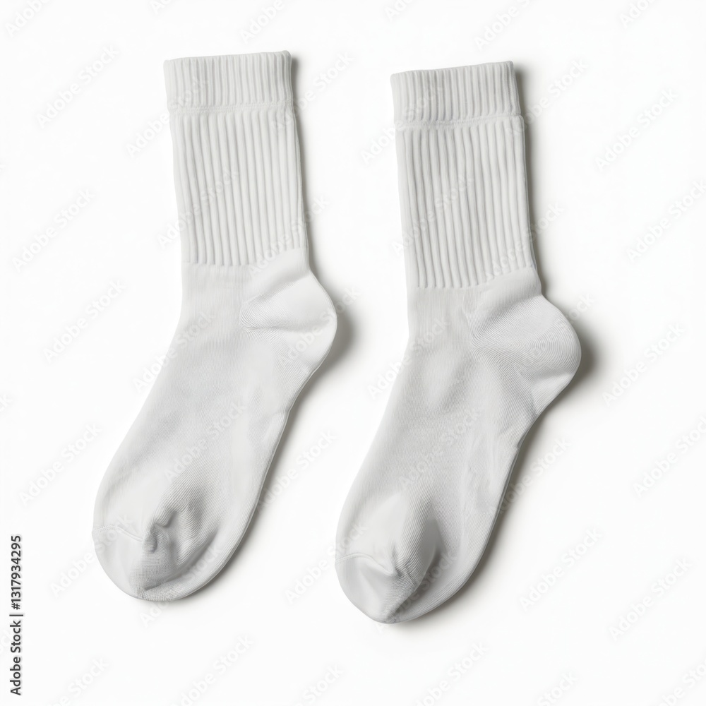 Mockup template of two white socks on white background. Clean design of pair blank apparel, clothing. Minimal fashion template for garment isolated, textile, casual outfit. Comfortable accessory Mockup template of two white socks on white background. Clean design of pair blank apparel, clothing. Minimal fashion template for garment isolated, textile, casual outfit. Comfortable accessory