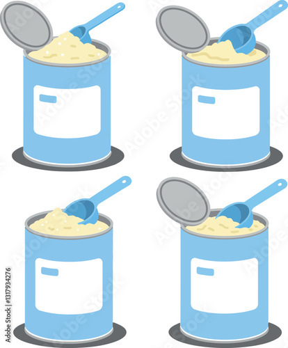 Four blue containers with open lids and scoops, showcasing creamy contents in a flat design vector illustration