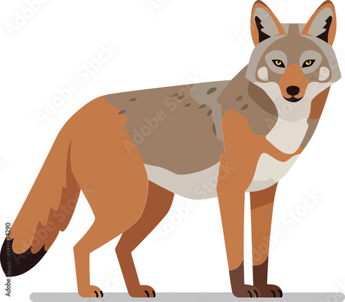 A detailed vector illustration of a standing fox with a bushy tail, showcasing its sleek fur and alert expression in a flat design style vector art