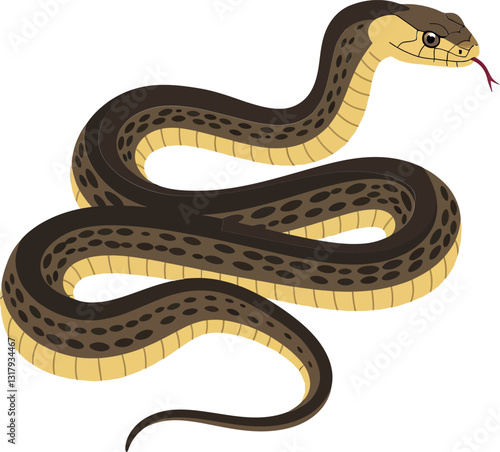 Brown and yellow snake coiled gracefully in a flat design style showcasing vibrant patterns and textures in vector art