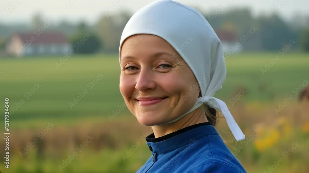 Smiling female farmer looking at the camera wearing a bonnet hat and modest outfit Smiling female farmer looking at the camera wearing a bonnet hat and modest outfit