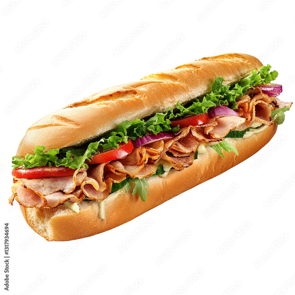 Long sandwich with lettuce, tomatoes, and onions on transparent background Long sandwich with lettuce, tomatoes, and onions on transparent background