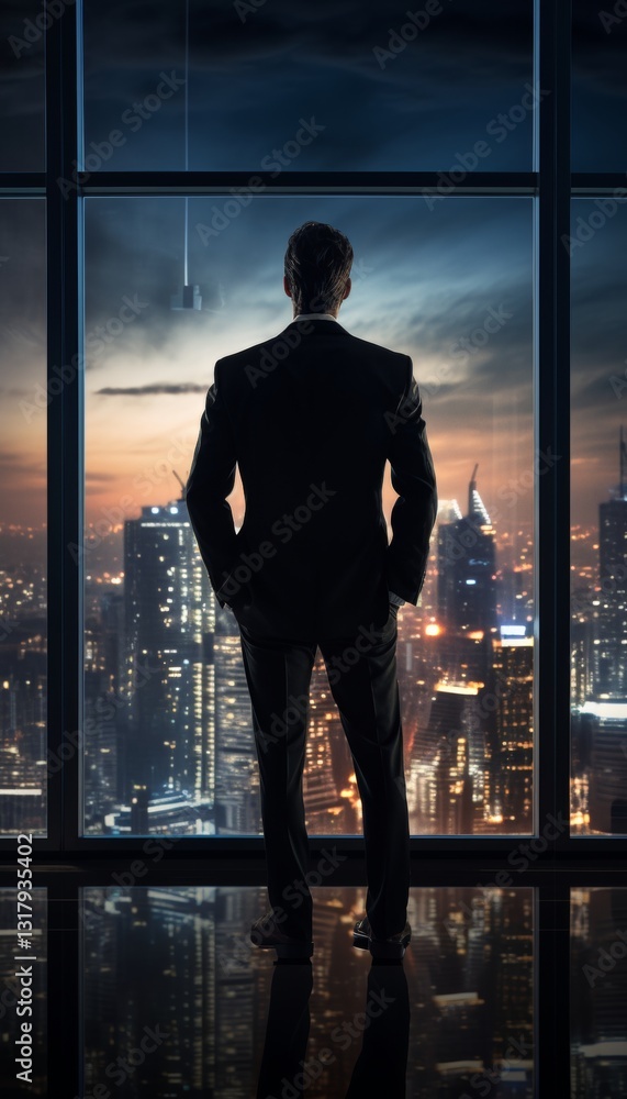 Fototapeta premium Ceo gazing out over city skyline from tall glass window, embracing leadership and vision