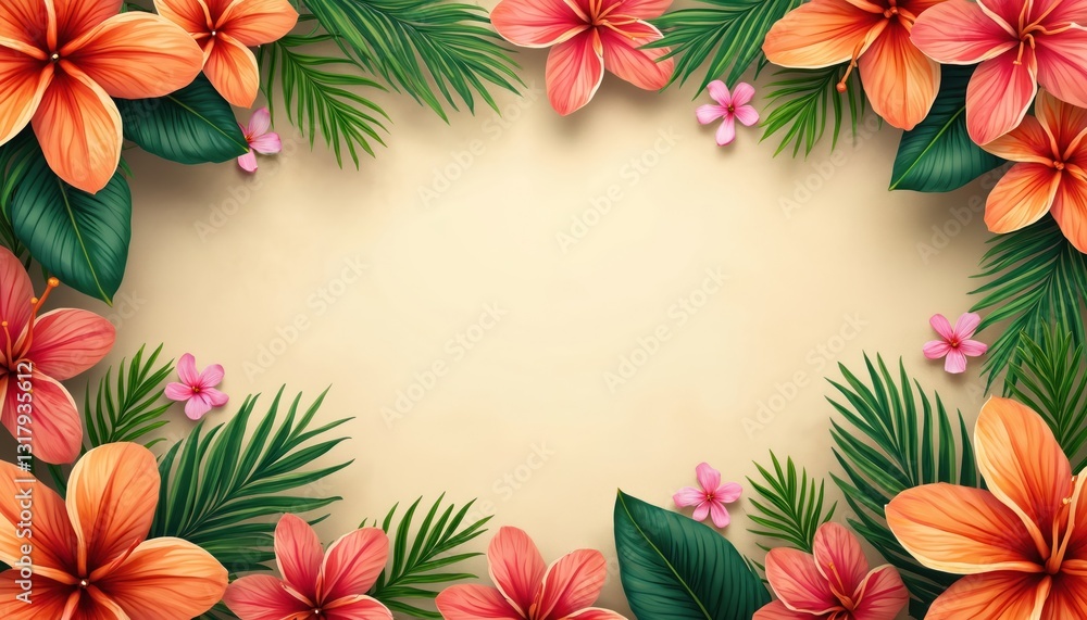 Obraz premium Top view of tropical flowers frame border with petals and leaves. Exotic floral decoration on banner template for summer sale, invitation, card, poster with copy space.