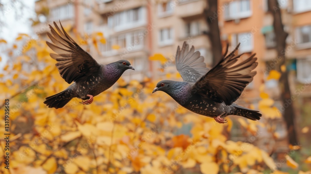 Obraz premium Two pigeons in flight, autumn city park