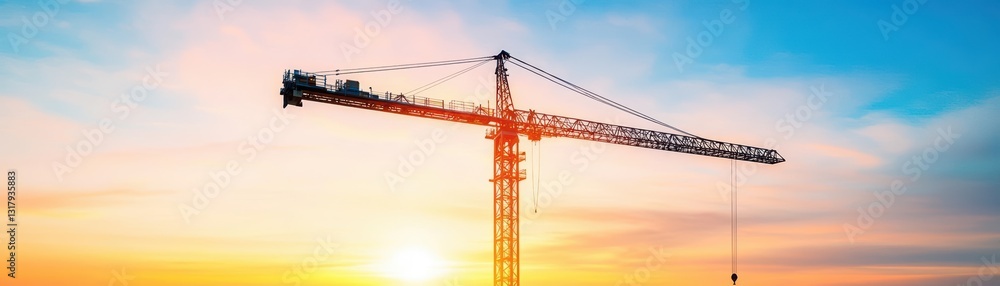 Majestic Crane Silhouetted Against a Vibrant Sunset Sky with Warm Hues of Orange and Pink Creating a Tranquil and Inspiring Evening Scene Majestic Crane Silhouetted Against a Vibrant Sunset Sky with Warm Hues of Orange and Pink Creating a Tranquil and Inspiring Evening Scene