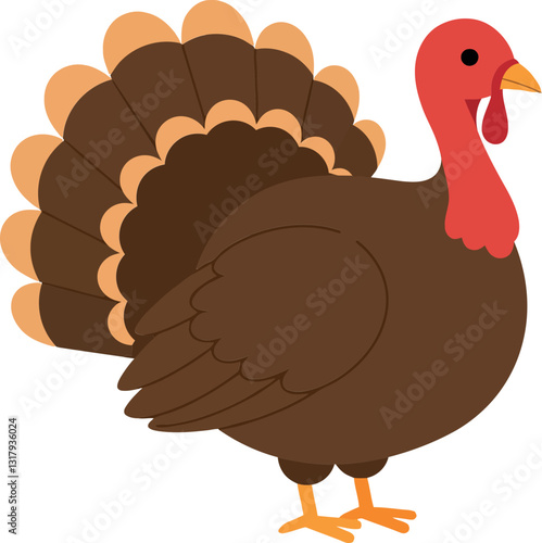 Colorful cartoon turkey with detailed feathers in a flat design style showcasing its proud stance in a festive autumn setting vector illustration