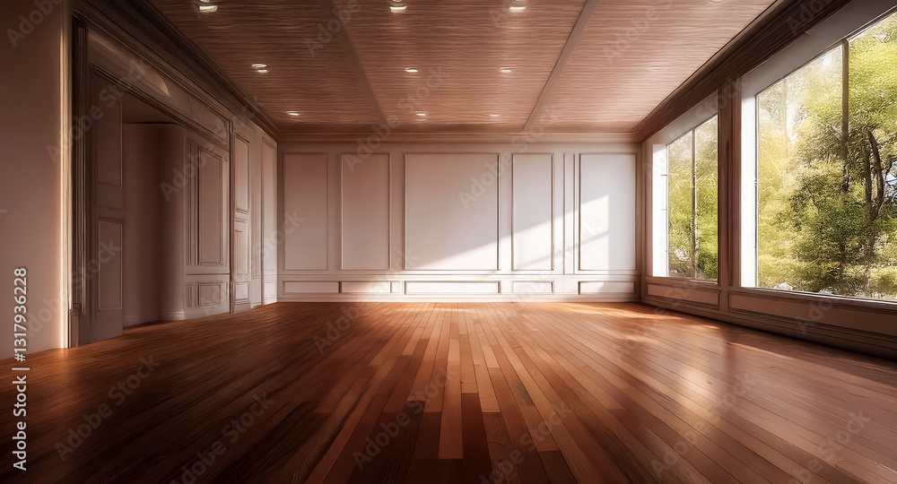 Fototapeta premium A spacious empty room with hardwood floor and large windows overlooks greenery. Sunlight streams through the window, illuminating the interior.
