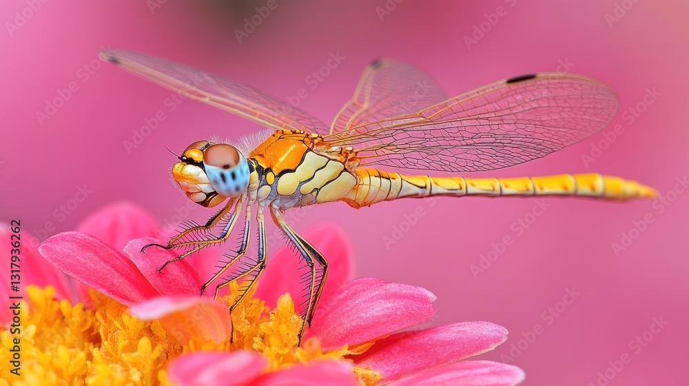 Colorful dragonfly on pink flower