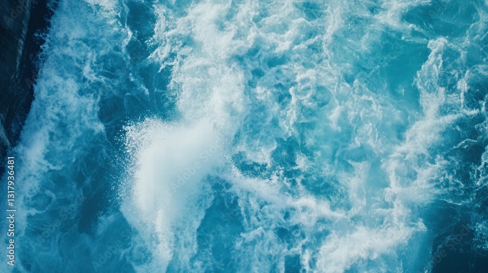 Fototapeta premium Turquoise ocean waves crashing against rocky shore under bright sunlight, creating foam