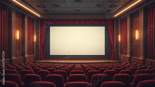 Cinema theatre movie screen vector illustration in retro styled yet clean design. Vintage movie theater interior with curtain, seat rows and blank film screen