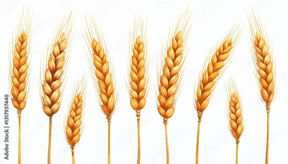 Isolated diverse wheat ears collection on white background. Grains showcase maturity stages and forms, ideal for agricultural themes, bread making, bakery product, food and harvest concepts. Isolated diverse wheat ears collection on white background. Grains showcase maturity stages and forms, ideal for agricultural themes, bread making, bakery product, food and harvest concepts.
