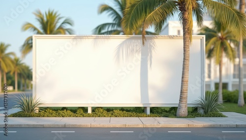 Fototapeta Naklejka Na Ścianę i Meble -  Mockup blank billboard on sidewalk near tropical beach with palm trees. White empty board, modern city frame outdoor for advertisement. Template poster background. Urban screen commercial marketing