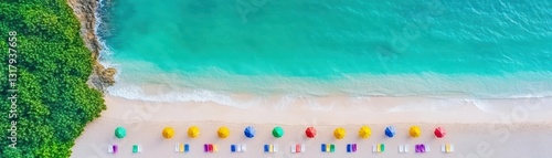 Vibrant Aerial View of Colorful Beach Umbrellas on Golden Sandy Shoreline with Clear Turquoise Waters Evoking a Joyful Summer Vacation Atmosphere
