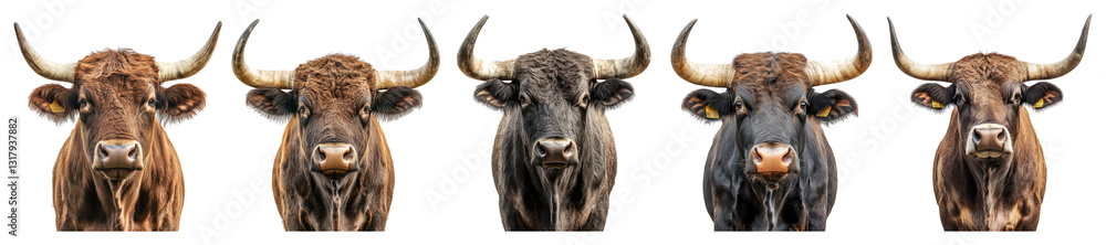 Naklejka premium Group of Five Colorful Cows with Unique Facial Features and Expressions, PNG bundle collection, Isolated on Transparent Background