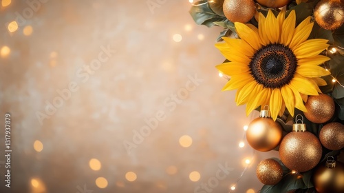 Festive Christmas Background Featuring Bright Sunflowers and Traditional Bakery Items Creating a Warm and Inviting Holiday Atmosphere for Celebrations