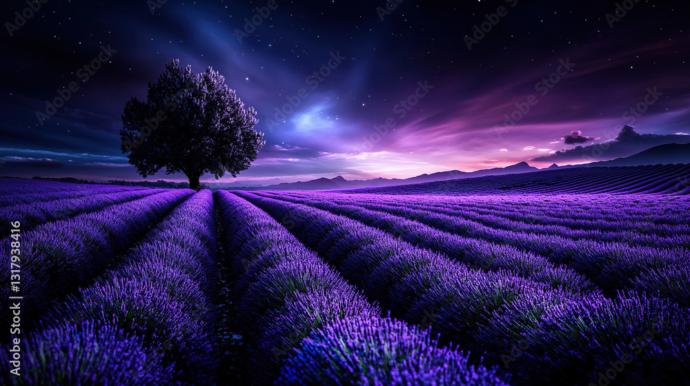 Fototapeta premium Endless Lavender Field Under Twilight Sky with Purple Blooms Fading into Dusk in Rural Landscape Photography 