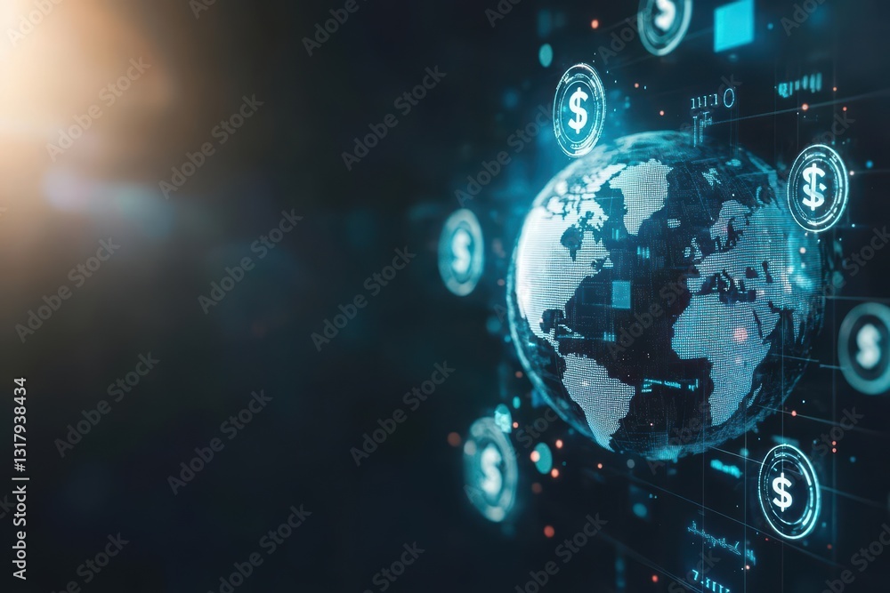 Fototapeta premium A Detailed Visual Representation of a Globe Featuring a Bitcoin Icon Symbolizing Global Finance and Digital Currency in a Modern Economic Context