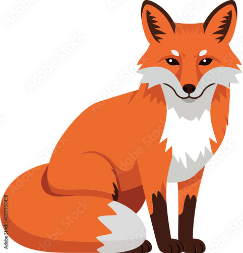 A charming orange fox sitting gracefully with a bushy tail in a flat vector illustration showcasing its vibrant features and friendly expression