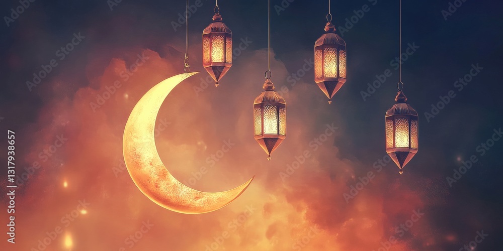 Ramadan Kareem Illustration with Crescent Moon and Islamic Lanterns Design Ramadan Kareem Illustration with Crescent Moon and Islamic Lanterns Design