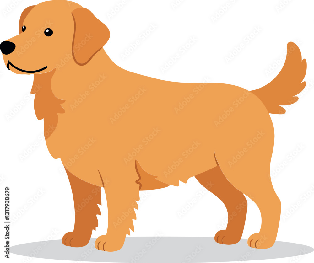 Playful golden retriever standing confidently with a cheerful expression in a flat vector illustration style showcasing its fluffy fur and friendly demeanor Playful golden retriever standing confidently with a cheerful expression in a flat vector illustration style showcasing its fluffy fur and friendly demeanor