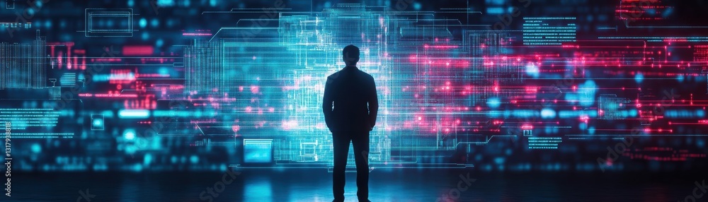 A Man Posing Confidently in Front of a Colorful Digital Background Representing Technology and Innovation with a Contemporary Urban Feel A Man Posing Confidently in Front of a Colorful Digital Background Representing Technology and Innovation with a Contemporary Urban Feel