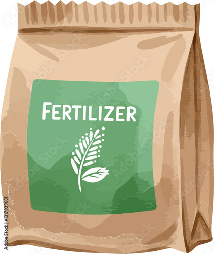 Brown paper bag labeled fertilizer featuring green plant graphic in a flat minimal design style, showcasing gardening tools and eco-friendly themes, vector art