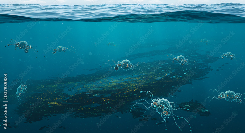 Fototapeta premium Microscopic Autonomous Robots Cleaning Up Ocean Oil Spills