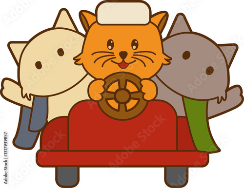 Cute Orange Cats Driving a Car Back to Their Hometown for Ied Al Fitr or Mudik Lebaran Ramadan Illustration