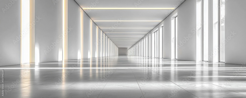Obraz premium Modern White Room Design with Empty Grey Background, Vertical Light Slits on Ceiling and Wall Accent, Featuring a Large Open Space Filled with Clean Copy Space