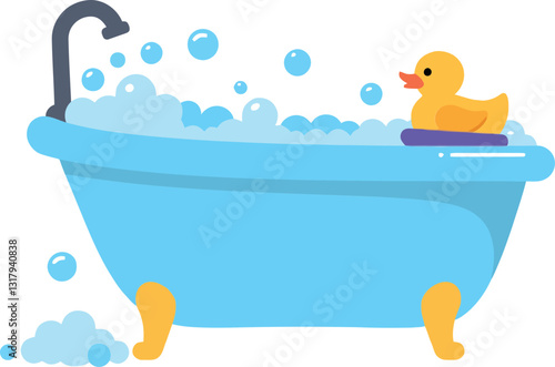 A cheerful rubber duck floating in a bubbly blue bathtub, designed in a minimal flat style, perfect for playful vector art