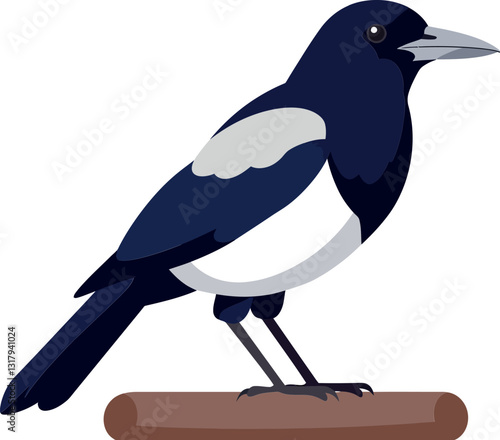 A detailed illustration of a stylized magpie perched on a wooden branch in flat vector art style showcasing vibrant colors and defined shapes in a serene setting