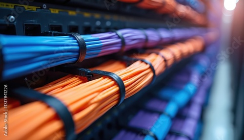Network server cables organized. Blue, orange, purple ethernet wires connected to rack servers. Structured cabling in data center. Internet cable management system. Fiber optic connection concept,
