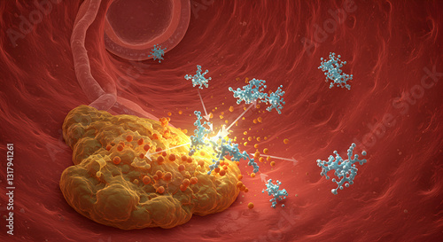 Microscopic View of Nano-Medicine Breaking Down Harmful Arterial Plaque