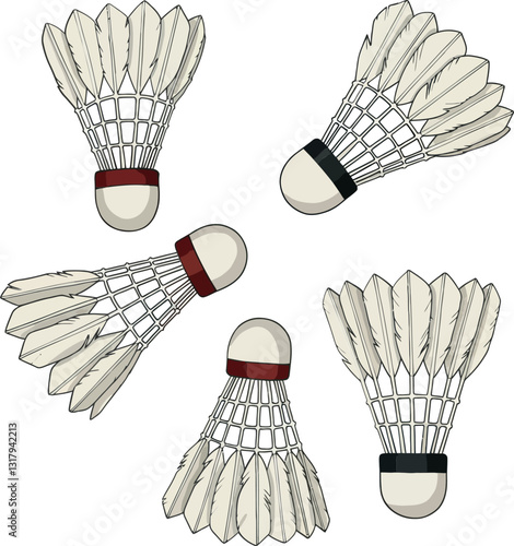 Five shuttlecocks in various orientations showcasing detailed design style with feathers and cork base, ideal for badminton enthusiasts, vector illustration