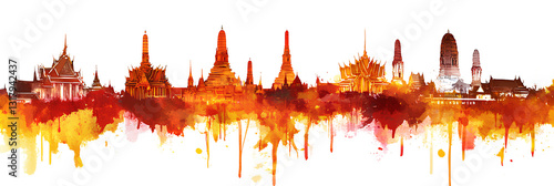 Vibrant Watercolor Skyline of Thailand’s Iconic Temples