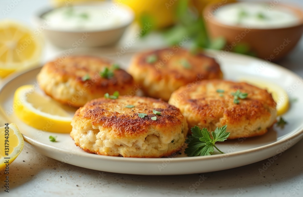 Crab cakes garnished with parsley, lemon slices, tartar sauce served on plate. Cooked seafood dish. Delicious meal made of crabmeat. Fresh, tasty appetizers, culinary delicacy for gourmets. Crab cakes garnished with parsley, lemon slices, tartar sauce served on plate. Cooked seafood dish. Delicious meal made of crabmeat. Fresh, tasty appetizers, culinary delicacy for gourmets.