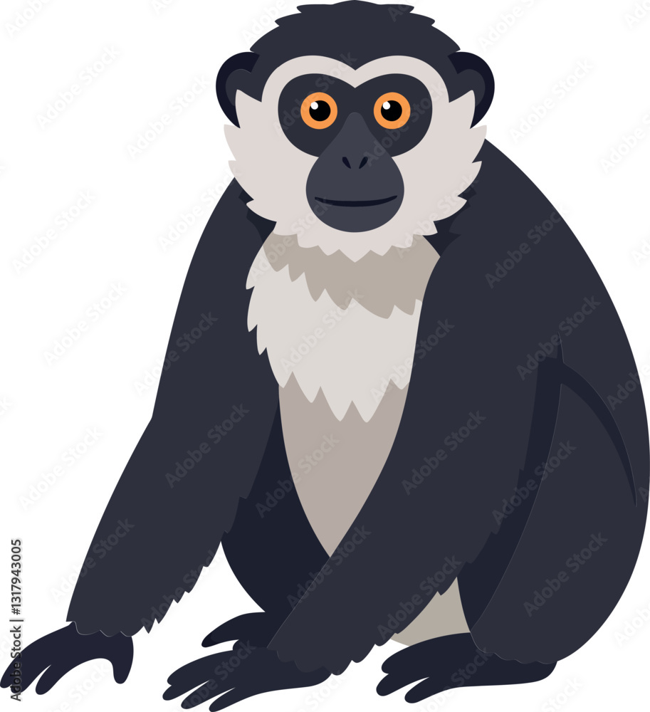 Obraz premium A playful black and white monkey sitting with a curious expression in a flat vector art style, showcasing vibrant colors and a friendly demeanor in a cheerful setting vector art