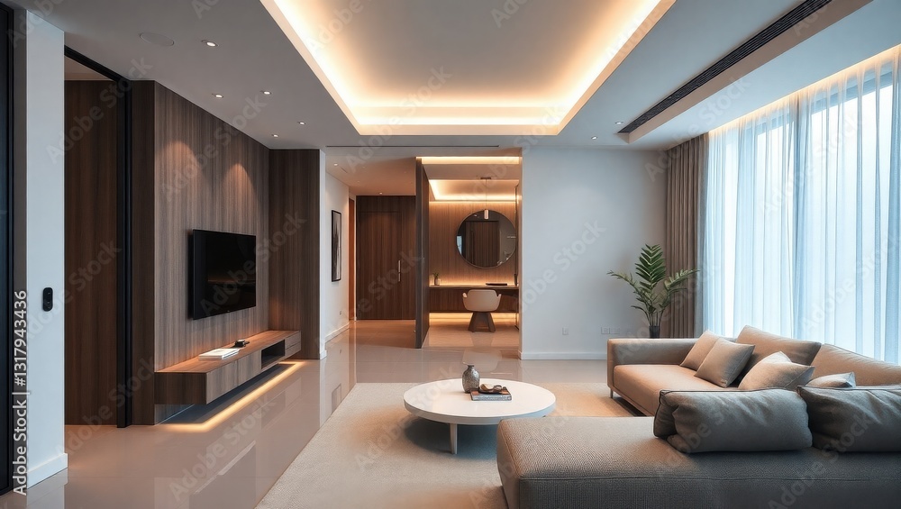 Fototapeta premium Elegant and Modern Living Room Interior Design with Natural Light and Wooden Accents