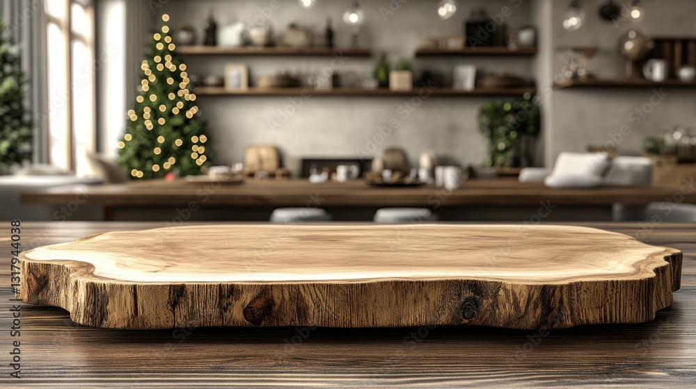 Rustic wooden cutting board in a Christmas-themed kitchen Rustic wooden cutting board in a Christmas-themed kitchen