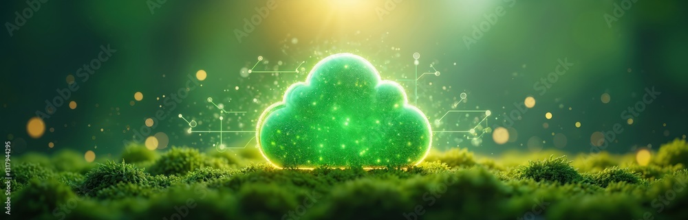 Green cloud icon lies on moss surface with energy streams. Concept of cloud computing, data storage, eco-friendly tech, smart solutions, digital services. Innovation, cyberspace, modern tech, green Green cloud icon lies on moss surface with energy streams. Concept of cloud computing, data storage, eco-friendly tech, smart solutions, digital services. Innovation, cyberspace, modern tech, green