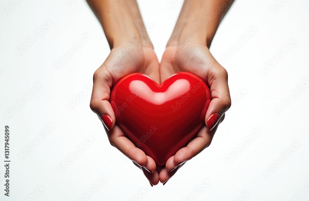 Fototapeta premium Close-up of woman hands holding shiny red heart. Charity, donation concept. Symbol of love, healthcare, medicine, support, care. Valentine day gift, organ donor, help people. Recovery after surgery.