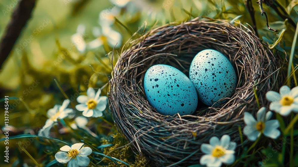 Obraz premium Colorful Easter eggs nestled in a vibrant spring meadow amidst lush green grass and blooming flowers, surrounded by nature's beauty in a serene Easter landscape.