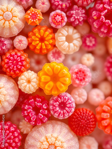 Vibrant microscopic image of assorted orchid pollen grains displaying disparate sizes, shapes, and intricate surface textures, revealing nature's minute yet magnificent architectural diversity.