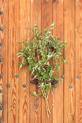 Obraz na płótnie Europe, Spain, Balearic Islands, Mallorca. Olive branches on local doors during Easter celebration. w salonie