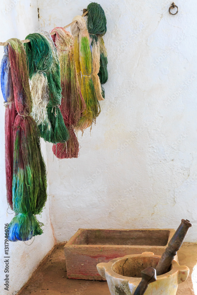 Europe, Spain, Balearic Islands, Mallorca. Esporles. La Granja. Museum. Dye room for wool, yarn and other threads.