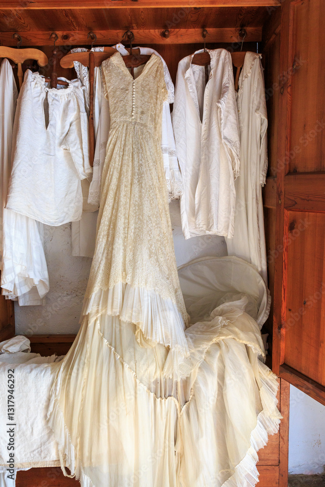 Europe, Spain, Balearic Islands, Mallorca. Esporles. La Granja. Museum. Sewing room, wedding dresses. Women's traditional clothing. 2017-04-14