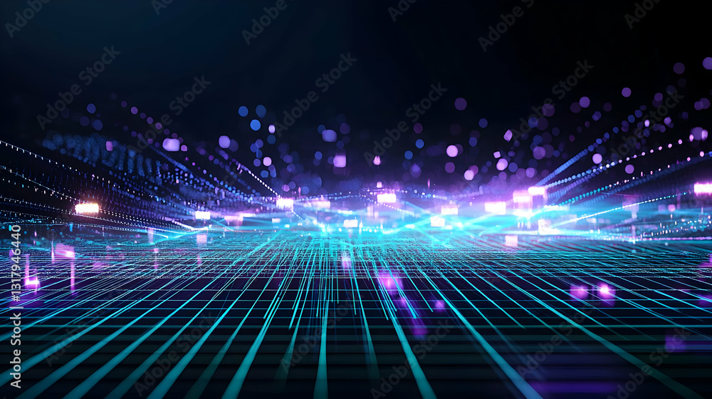 Dynamic Visualization Of Data Flowing Through A Futuristic Technological Grid With A Glowing Blue Purple Palette Dynamic Visualization Of Data Flowing Through A Futuristic Technological Grid With A Glowing Blue Purple Palette