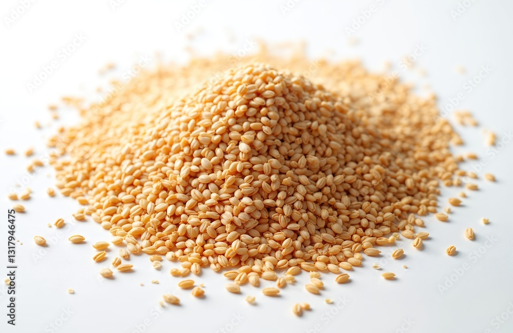 Heap of sesame seeds on white background. Macro closeup shot of dry, yellow condiment or food ingredient for nourishment. Organic raw seed spice used in asian cuisine. Heap of sesame seeds on white background. Macro closeup shot of dry, yellow condiment or food ingredient for nourishment. Organic raw seed spice used in asian cuisine.