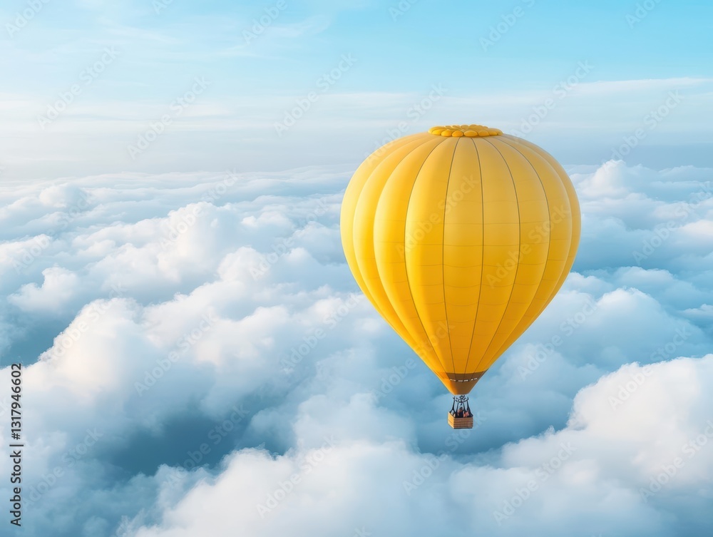 Fototapeta premium A vibrant yellow hot air balloon floating gracefully above fluffy white clouds under a clear blue sky, evoking a sense of adventure.